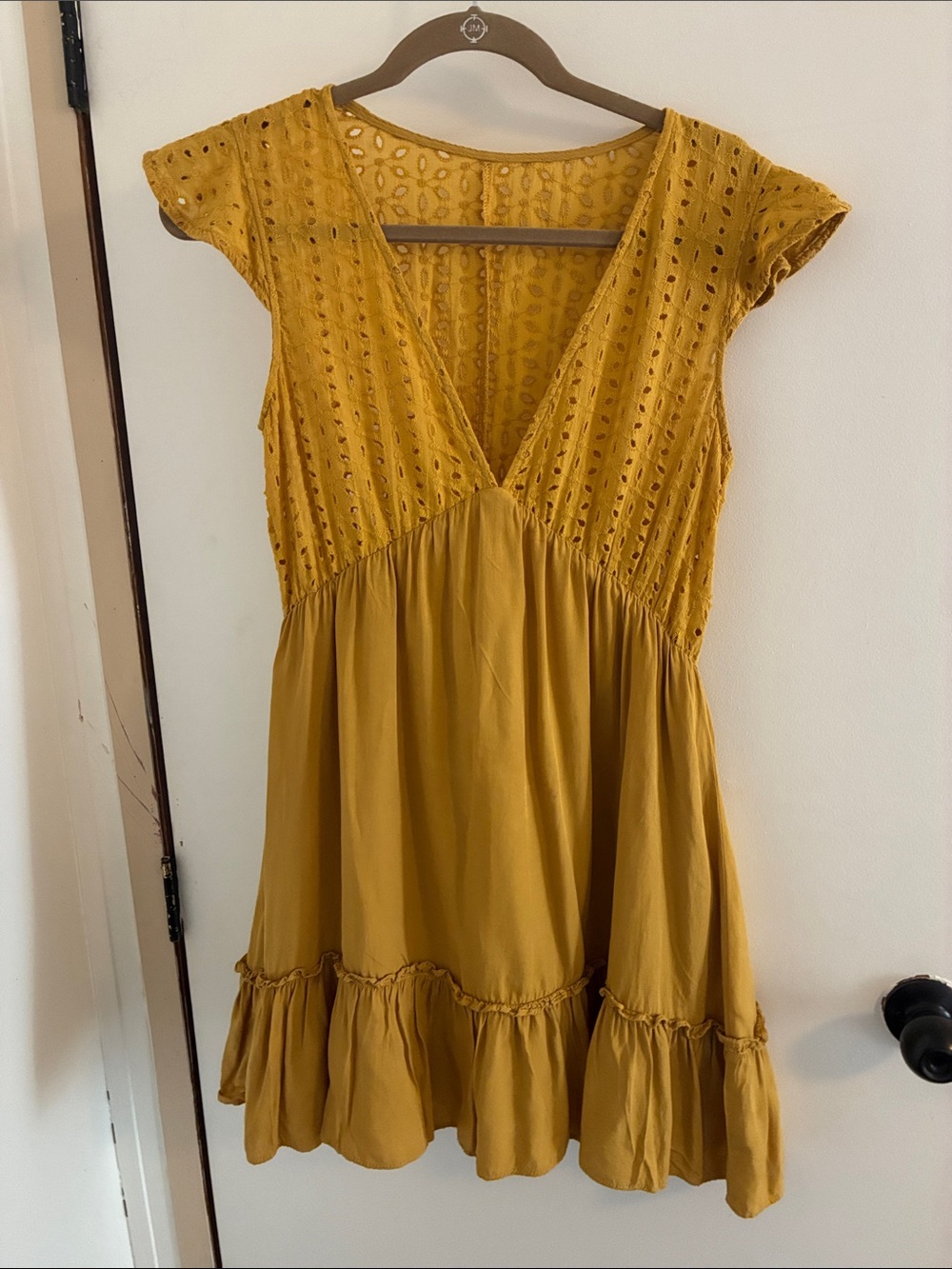 BOGO FREE- SHEIN Mustard Yellow 100% Cotton Mini Dress With Ruffle Hem-Size S